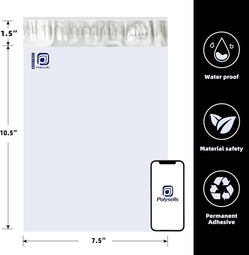POLYSELLS 100 pcs 7.5x10.5 Inches White x Silver Poly Mailers Shipping Envelopes, Strong Adhesive Sealing, Waterproof, and Tear-resistant Postal Mailing Bags for Clothing, Books, and Accessories - Image 3